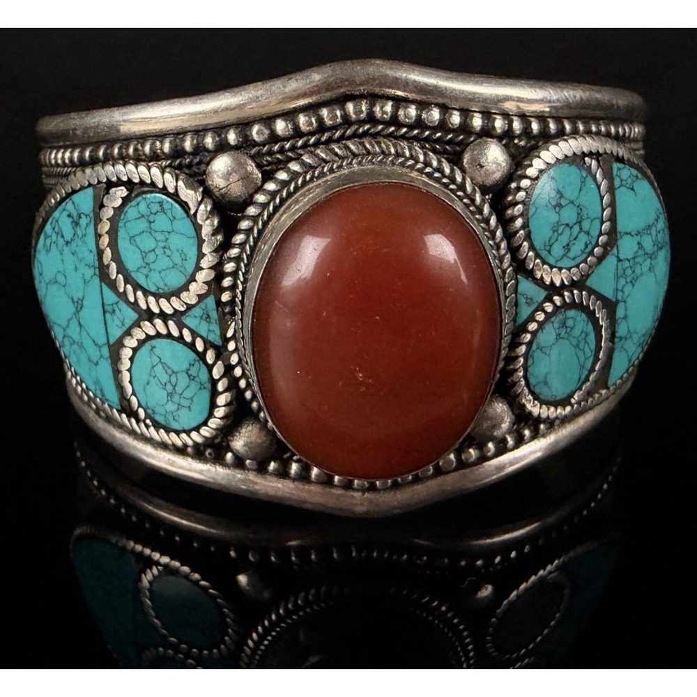 Antique Tibetan Nepali Cuff Bracelet Carnelian Turquoise Inlay Coin Silver 53g - Picture 2 of 5